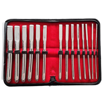 Rouge Garments Hegar 14-piece uterine dilator set with various sizes for medical use on a neutral background.