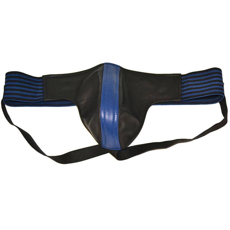 Rouge Garments jockstrap in black and blue featuring a comfortable fit and stylish design.