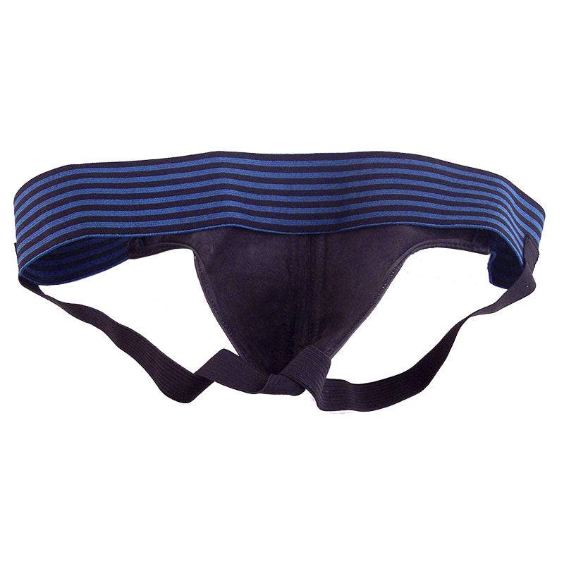 Rouge Garments jockstrap in black and blue featuring a comfortable fit and stylish design.