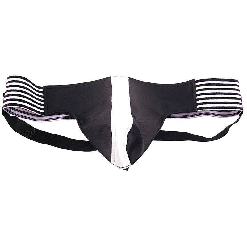 Rouge Garments jockstrap in black and white, featuring a comfortable fit and stylish design.