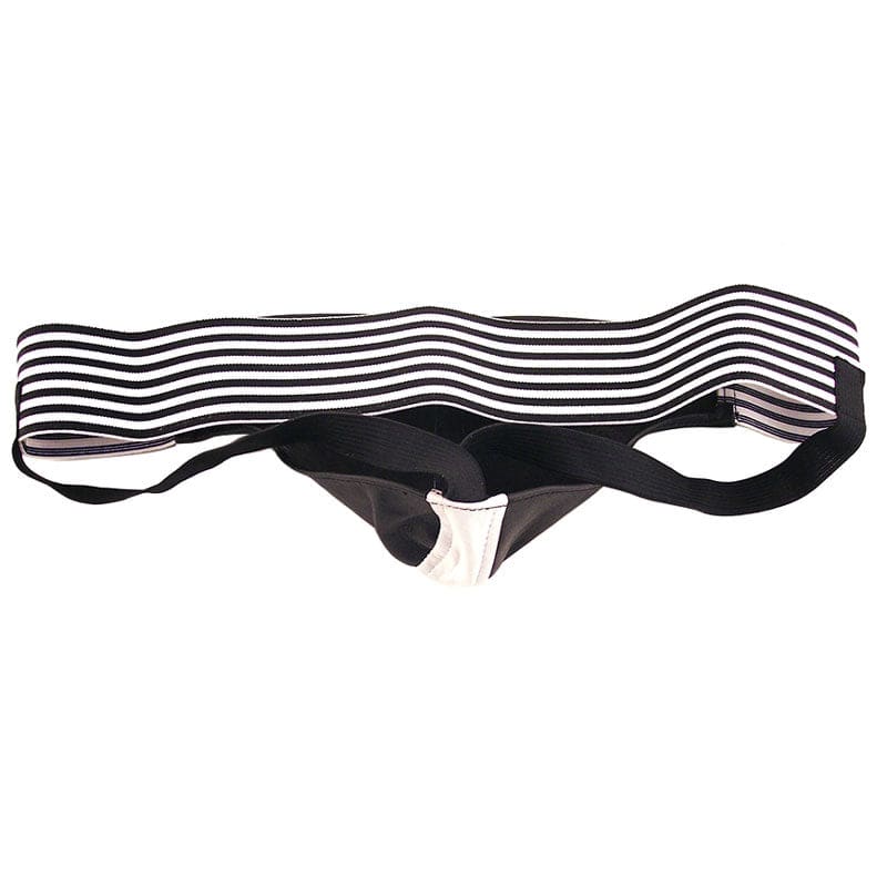 Rouge Garments jockstrap in black and white, featuring a comfortable fit and stylish design.
