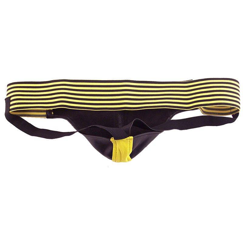 Rouge Garments jockstrap in black and yellow with sporty design and comfortable fit, showcasing elastic waistband.