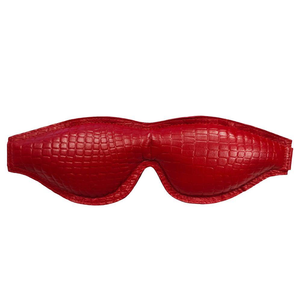 Rouge Garments padded leather eye mask featuring crocodile embossing in a sleek black design.
