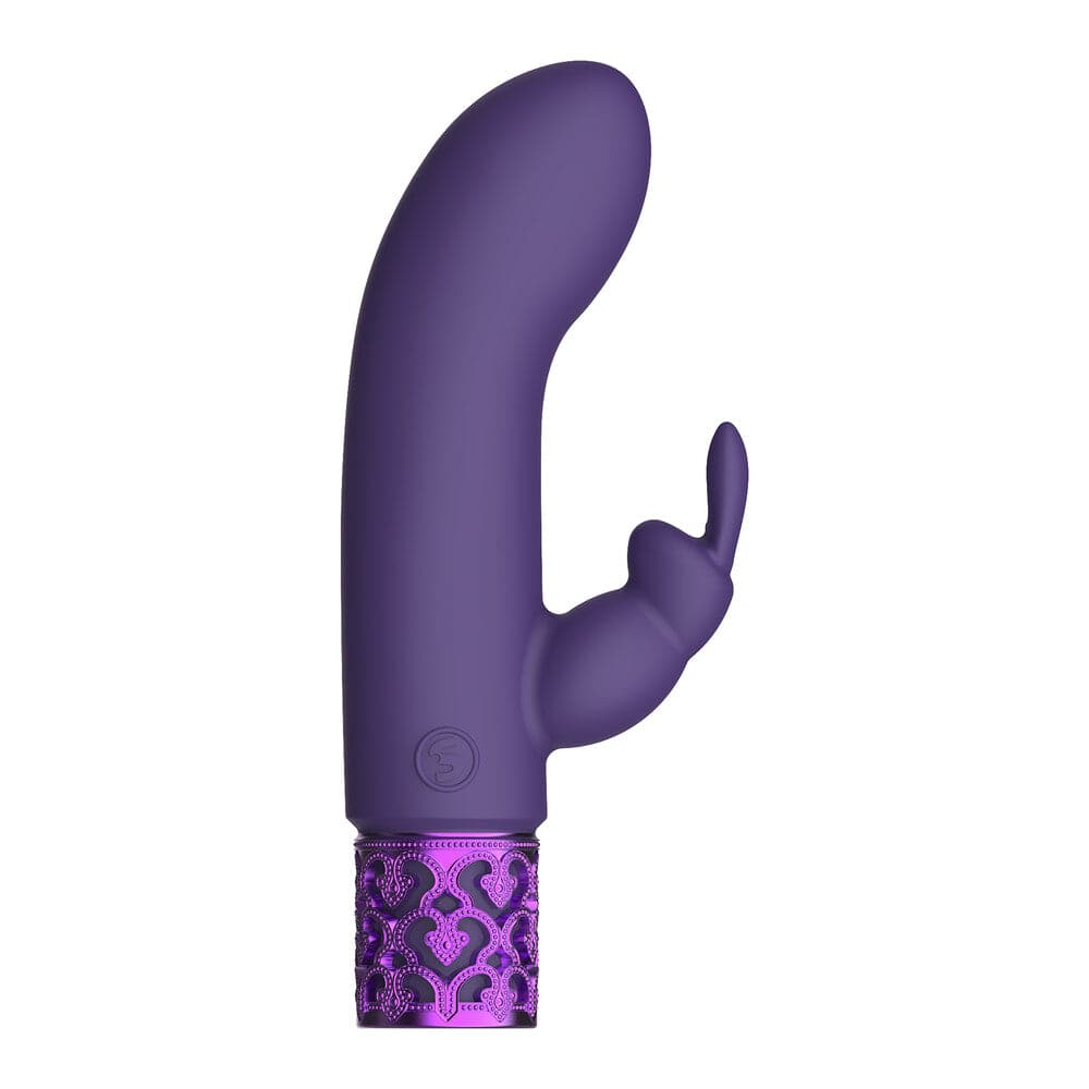 Purple Royal Gems Dazzling rechargeable rabbit bullet vibrator by Shots Toys, featuring sleek design and textured surface.
