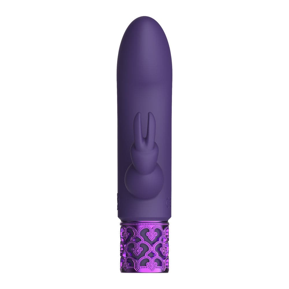 Purple Royal Gems Dazzling rechargeable rabbit bullet vibrator by Shots Toys, featuring sleek design and textured surface.