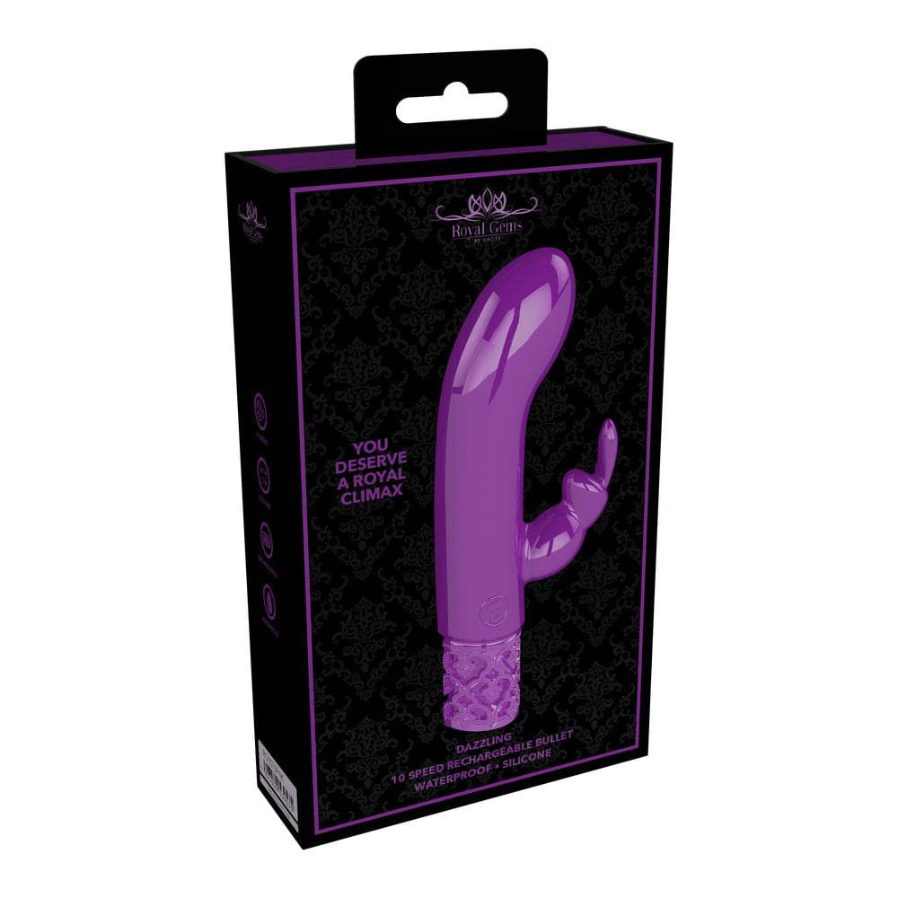 Royal Gems purple rechargeable rabbit vibrator by Shots Toys, featuring a sleek design and textured surface for stimulation.