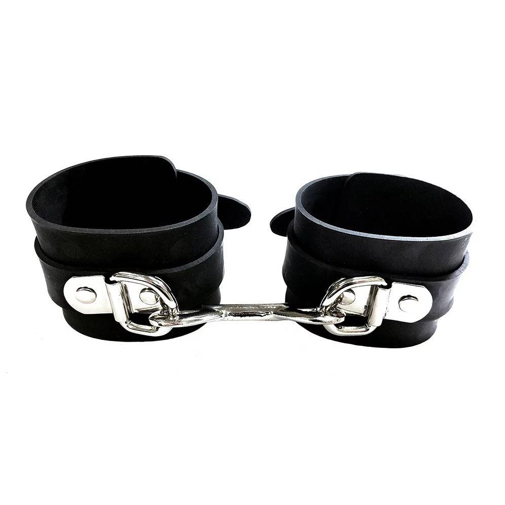 Rouge Garments black rubber handled cuffs with a sleek design, perfect for a modern and stylish look.