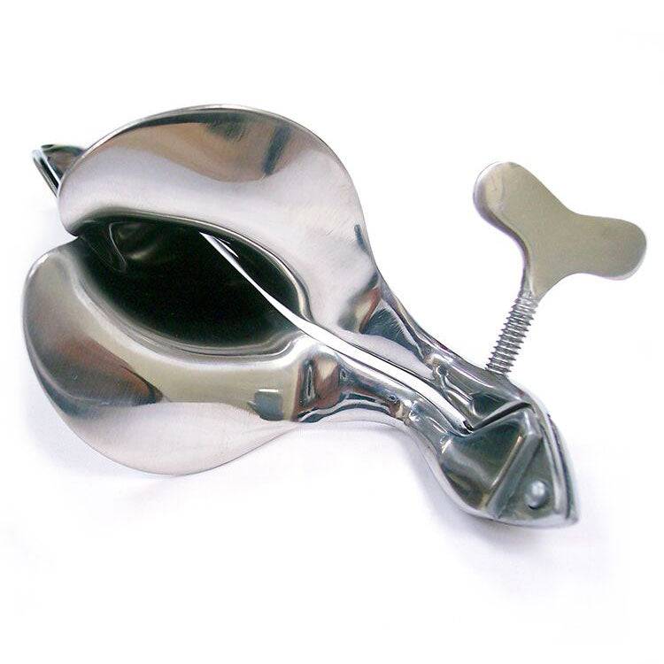 Large stainless steel speculum by Rouge Garments, featuring a sleek design and polished finish.