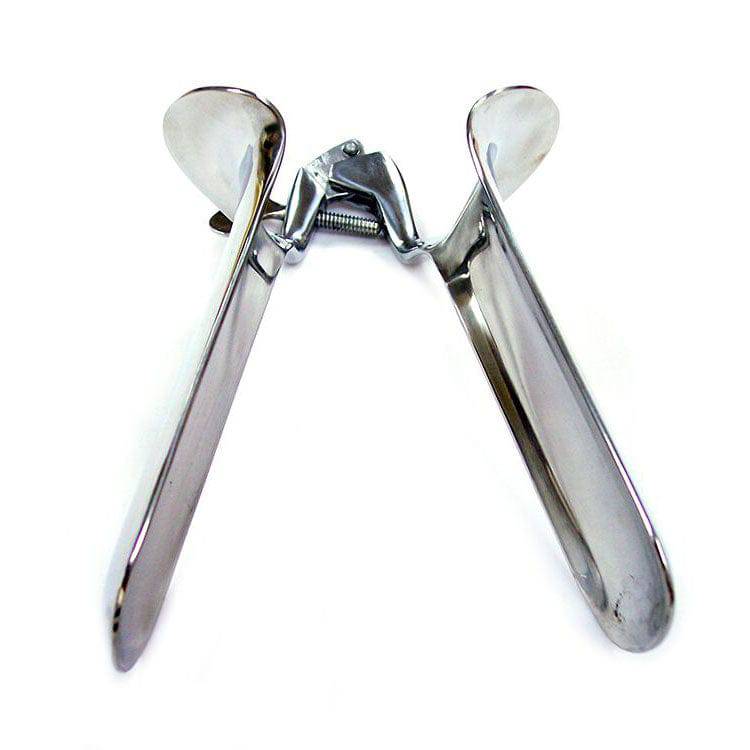 Rouge Garments large stainless steel speculum, reflecting light with a smooth finish, showcasing its ergonomic design.