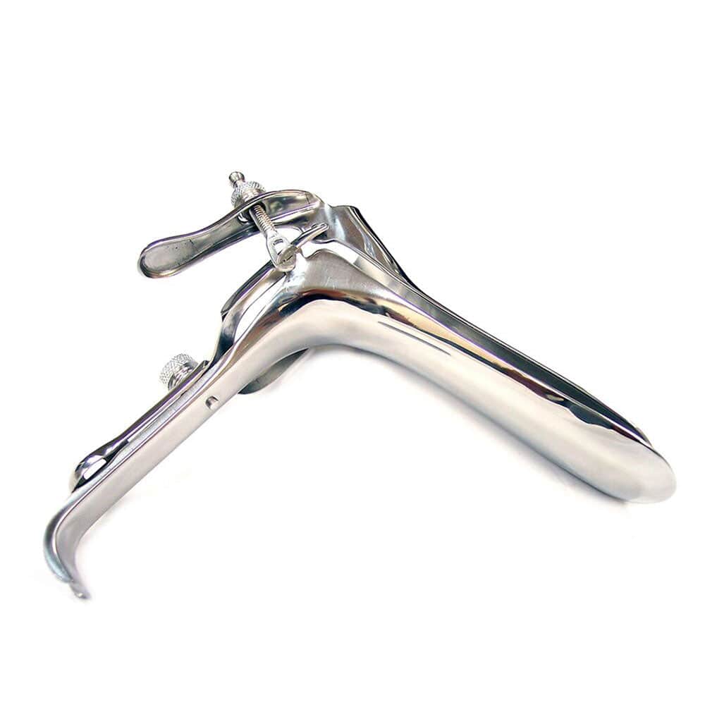 Rouge Garments stainless steel vaginal speculum with smooth edges and ergonomic design for medical use.