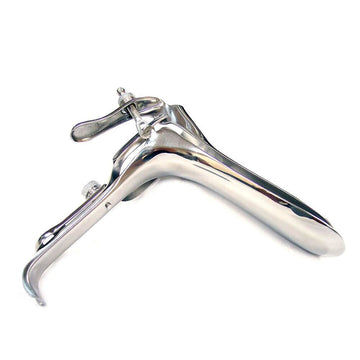 Rouge Garments stainless steel vaginal speculum with smooth edges and ergonomic design for medical use.