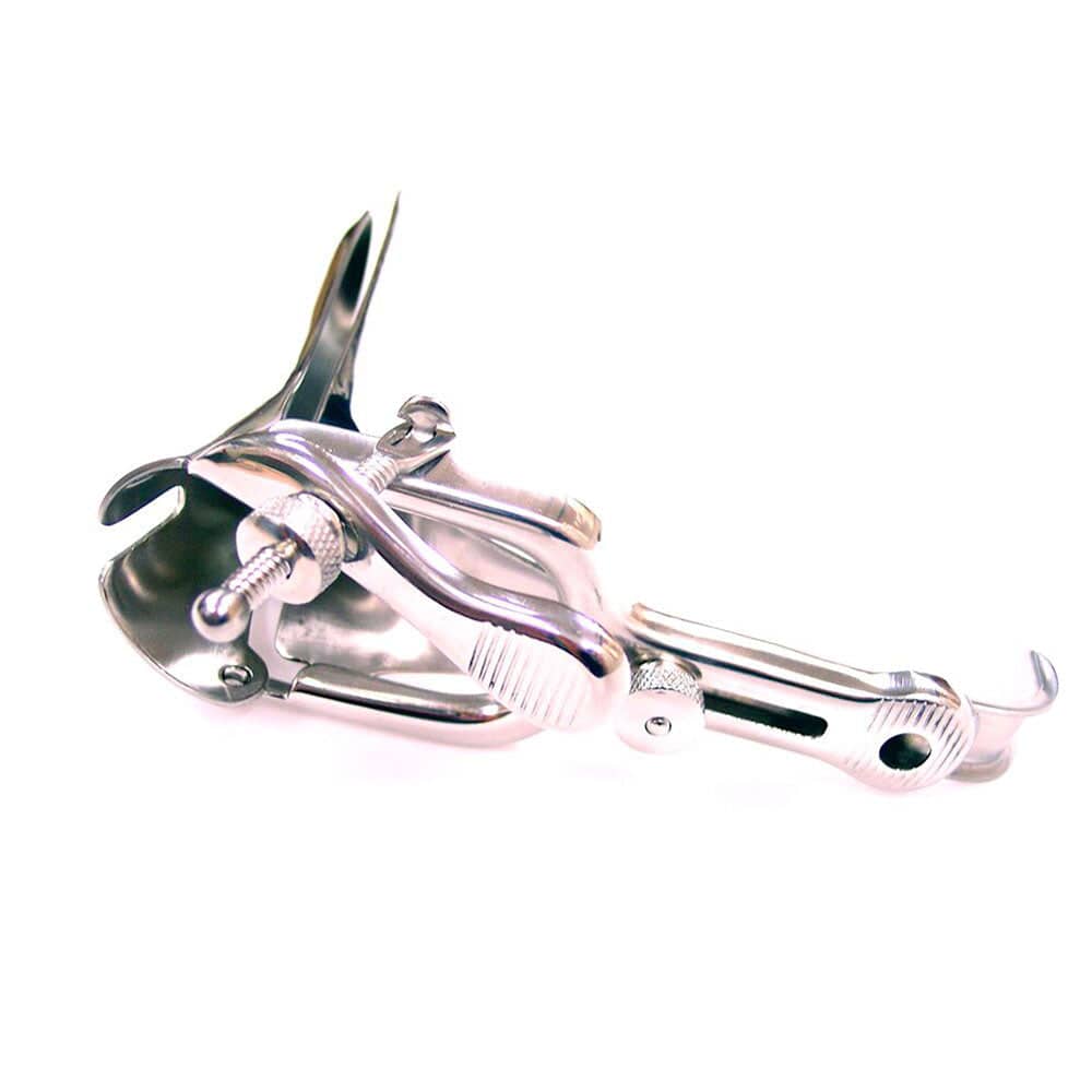 Rouge Garments stainless steel vaginal speculum with smooth edges and ergonomic design for medical use.