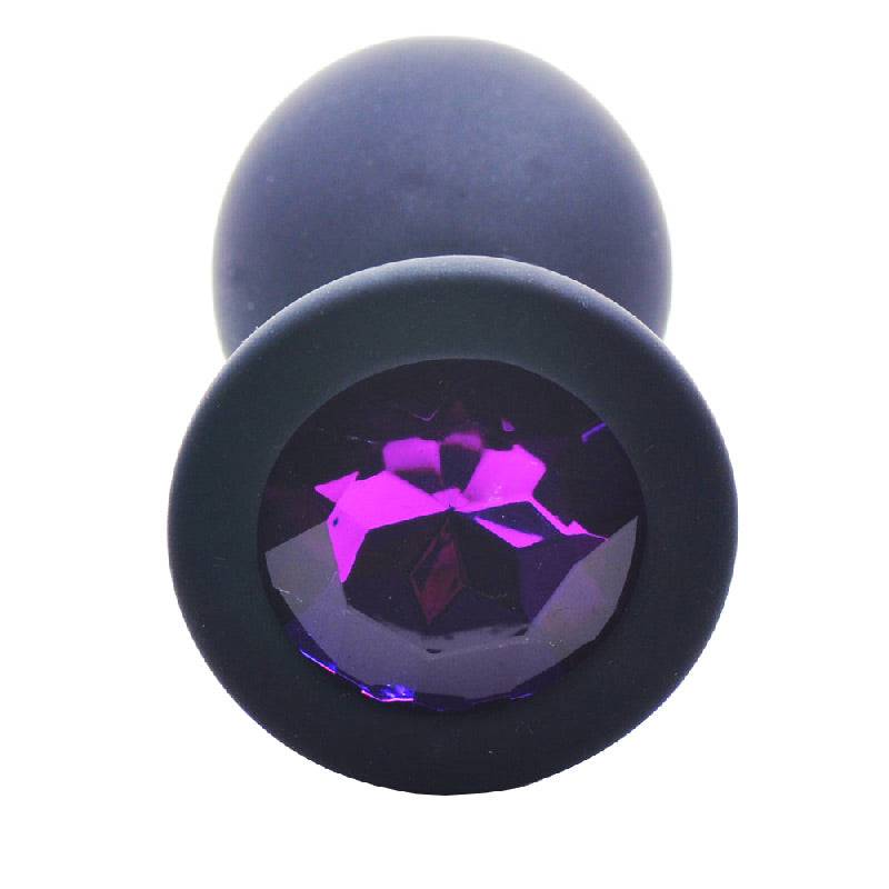 Medium black jewel-adorned silicone butt plug by Various Toy Brands, showing smooth texture and sparkling gem detail.