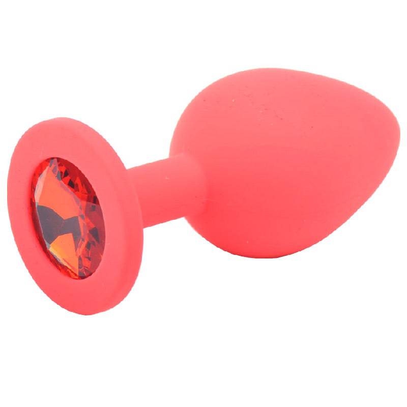 Medium red jewel-encrusted silicone butt plug from Various Toy Brands, featuring a smooth surface and decorative gem.