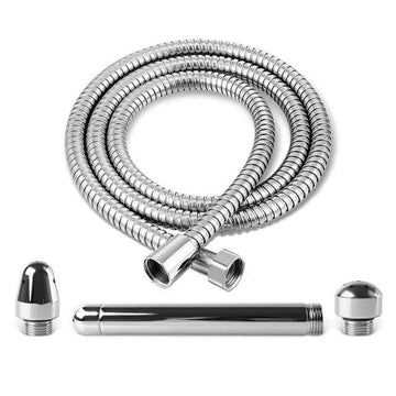 Metal shower cleaning system with three heads, featuring a sleek design for effective cleaning.