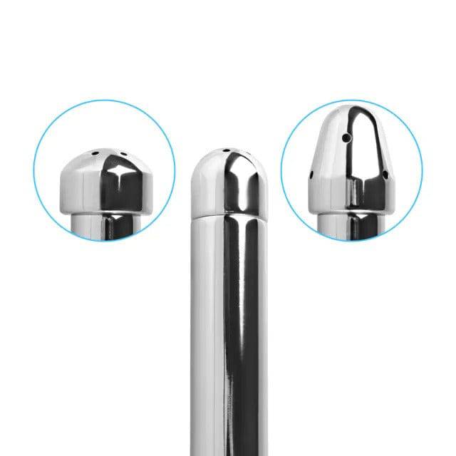 Metal shower cleaning system with three heads, featuring a sleek design for effective cleaning.