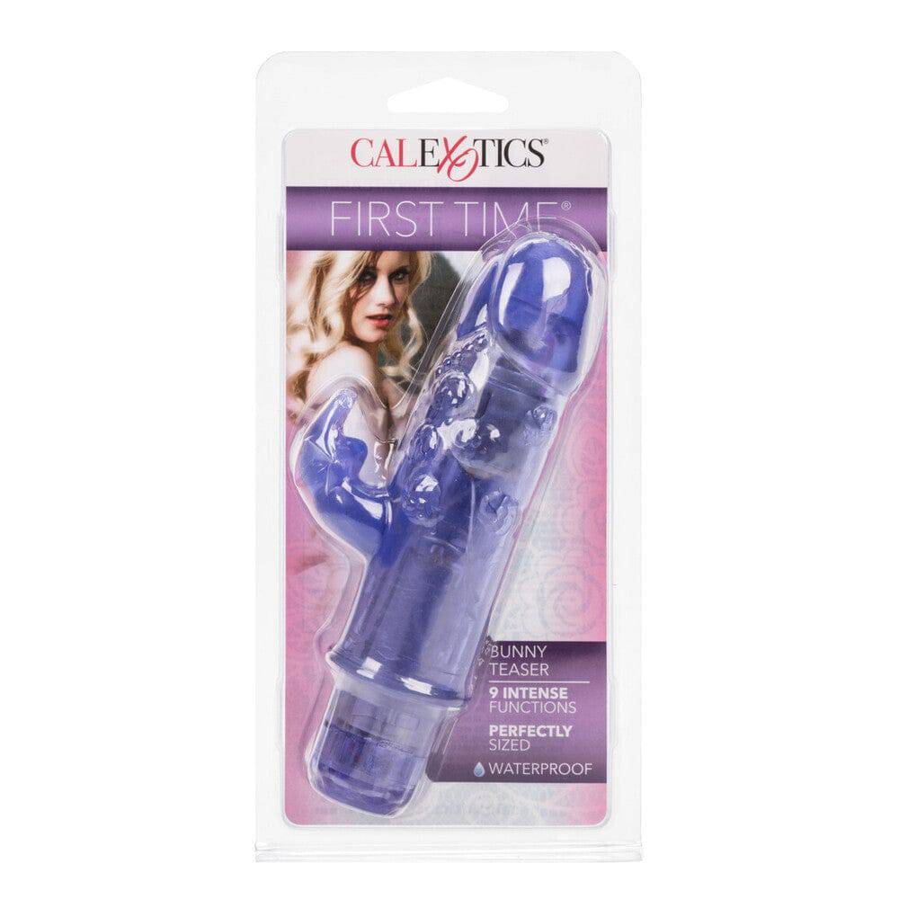 California Exotic Första gången Bunny Teaser Vibrator in soft pink with dual rabbit ears and textured body for stimulation.