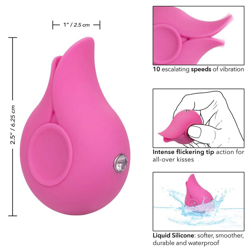 California Exotic LuvMor Kisses flickering clitoral stimulator in soft pink with a sleek design and textured surface.