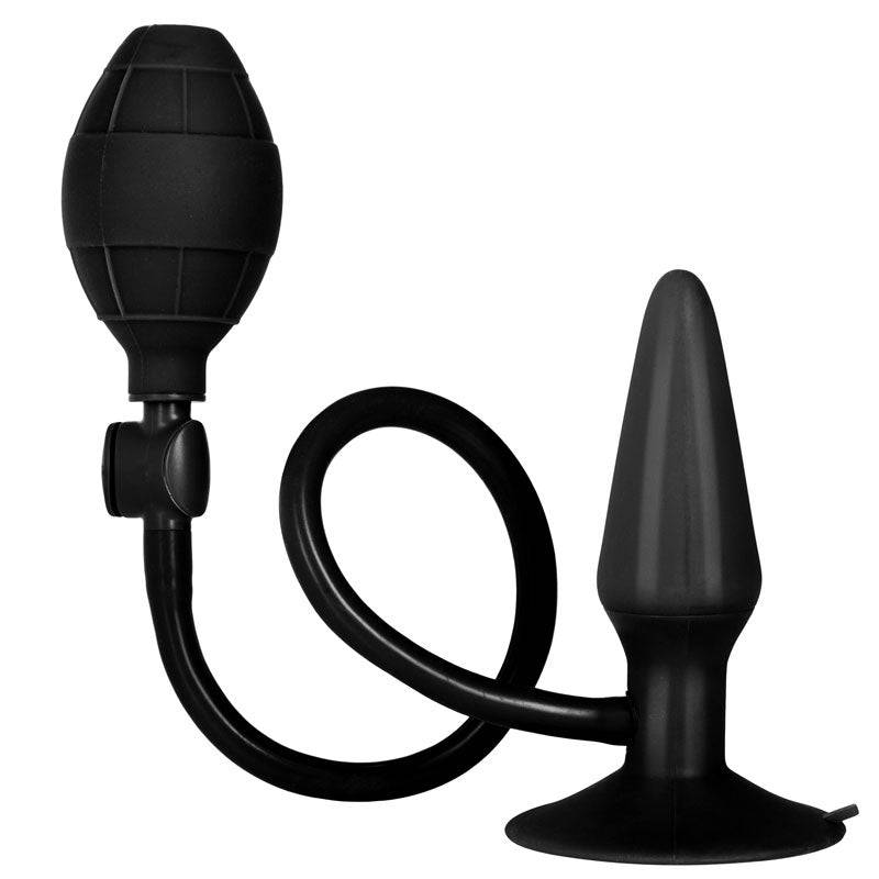 California Exotic Svart Booty Call inflatable silicone anal plug with a sleek design and textured surface for enhanced pleasure.