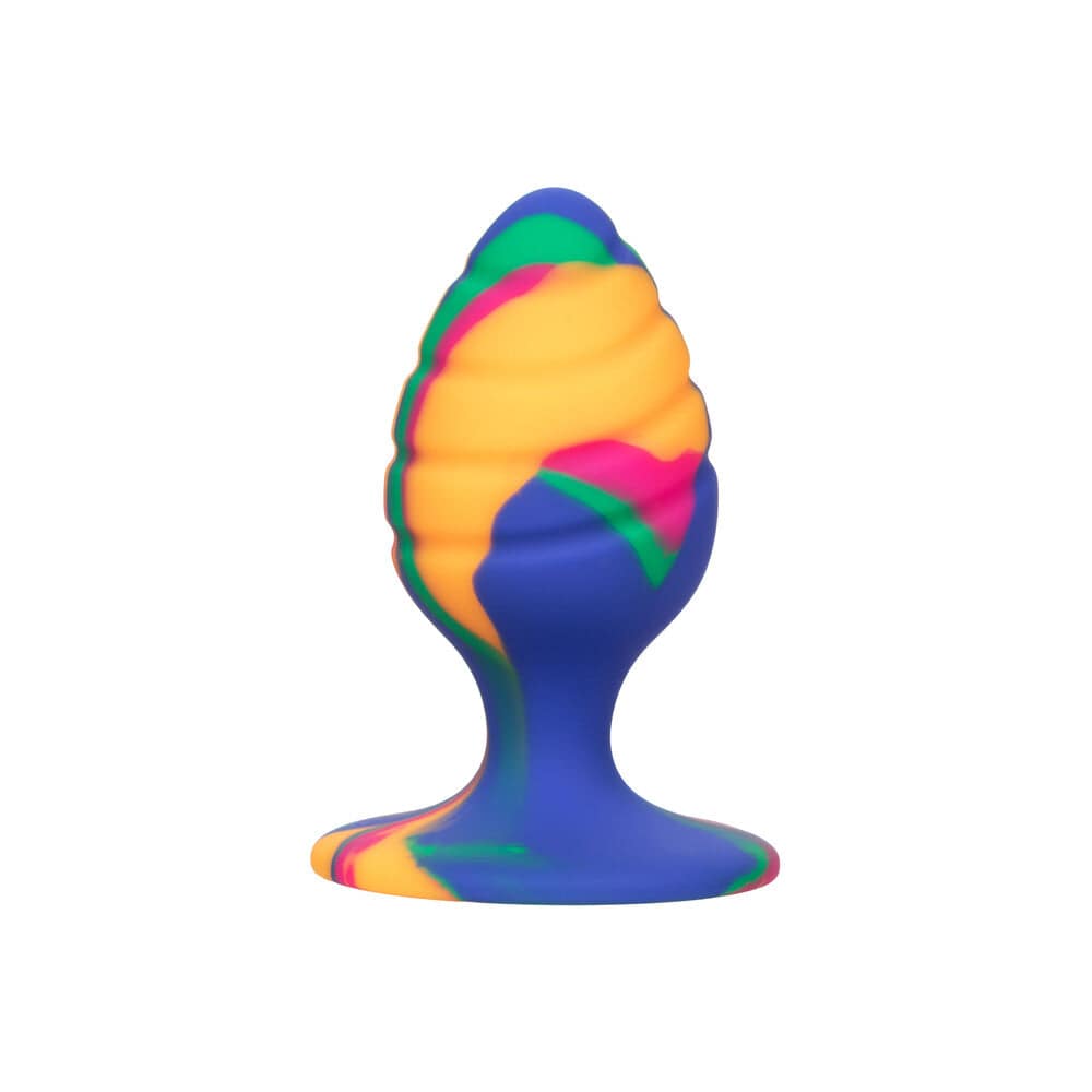 Cheeky Medium Swirl Tie Dye Butt Plug by Toy Joy, featuring colorful swirl design and smooth silicone texture.