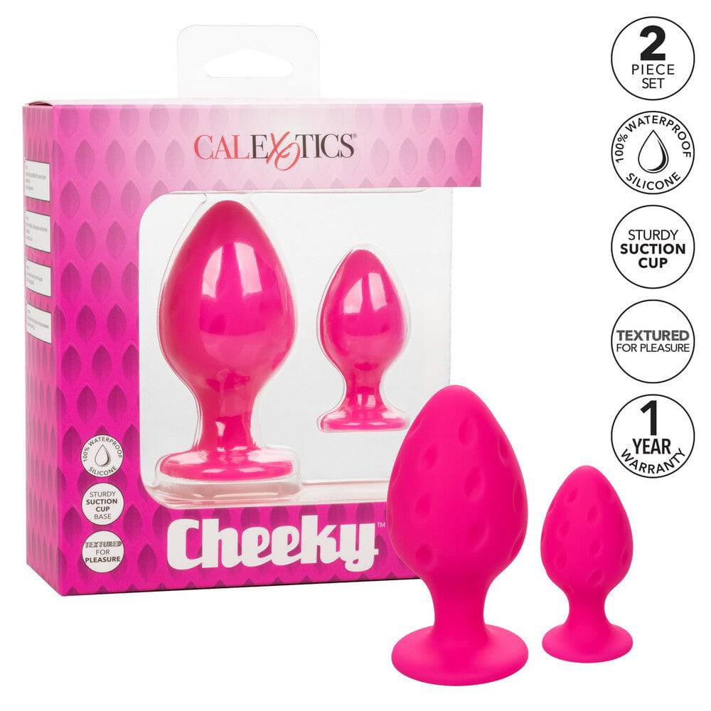 California Exotic Cheeky Butt Plug Duo in pink, featuring two sizes with ergonomic design for comfortable use.