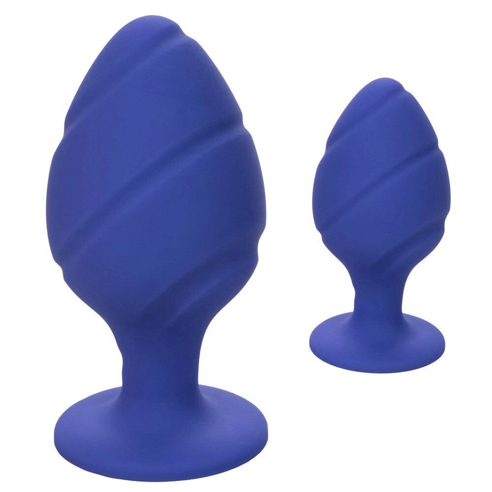 Cheeky Butt Plug Duo in Lila by California Exotic, featuring two smooth silicone plugs in varying sizes.