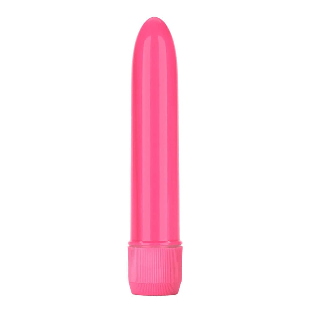 California Exotic Neonrosa multi-speed mini vibrator in vibrant pink with textured design and ergonomic shape.