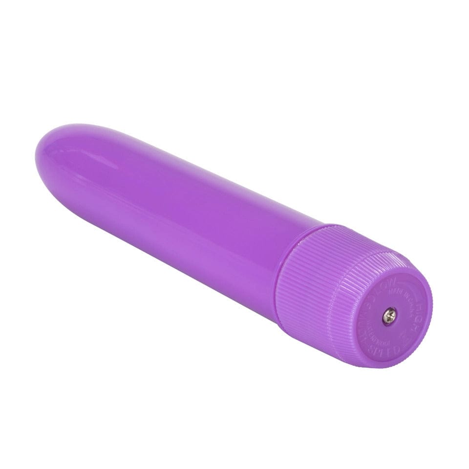 California Exotic neon purple mini multi-speed vibrator with textured surface and sleek design.