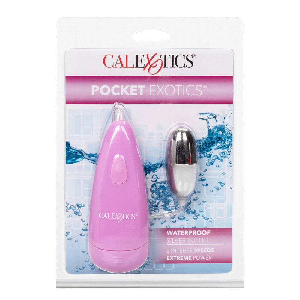 California Exotic Pocket Exotics Silver Bullet, a sleek, waterproof personal massager in a vibrant design.