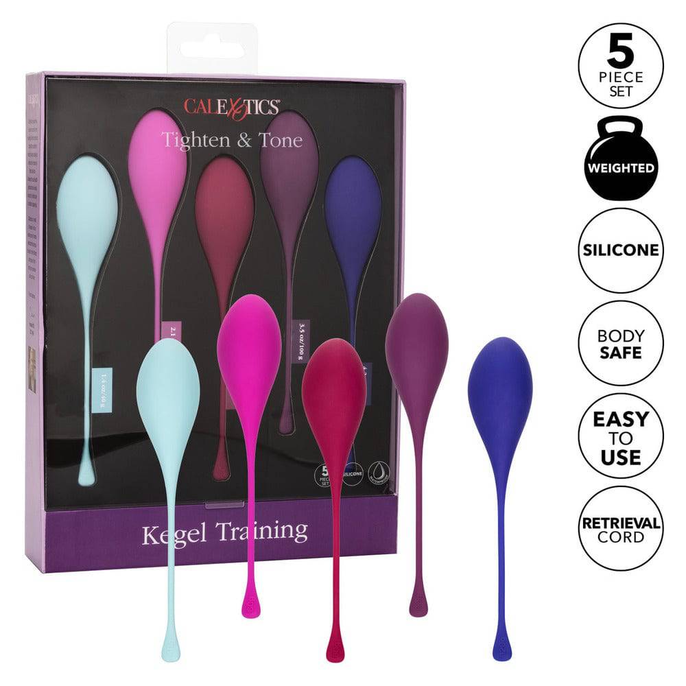 California Exotic Tighten And Tone Kegel Training set with five silicone weights in assorted colors on a white background.
