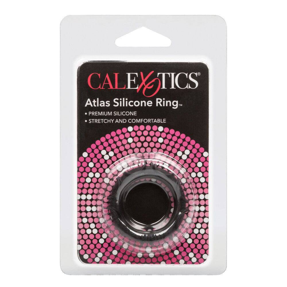 Black silicone cock ring by California Exotic, showcasing a smooth texture and flexible design for comfort and fit.