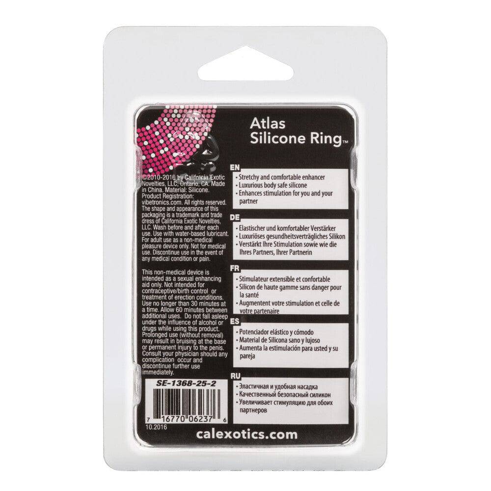 Black silicone cock ring by California Exotic, featuring a smooth texture and flexible design for comfort and support.