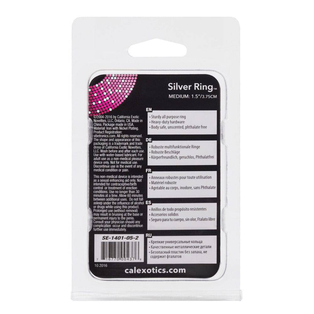 Medium silver cock ring by California Exotic, showcasing a sleek, shiny finish and smooth, contoured design.