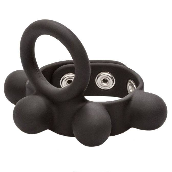 California Exotic medium-weight penis ring and ball stretcher in sleek design, showcasing quality materials and craftsmanship.