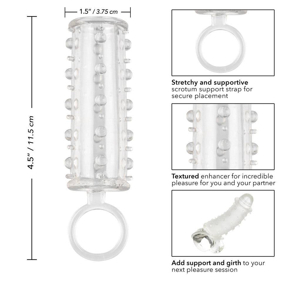 California Exotic girth and length sensation enhancer with textured design and flexible material for enhanced pleasure.