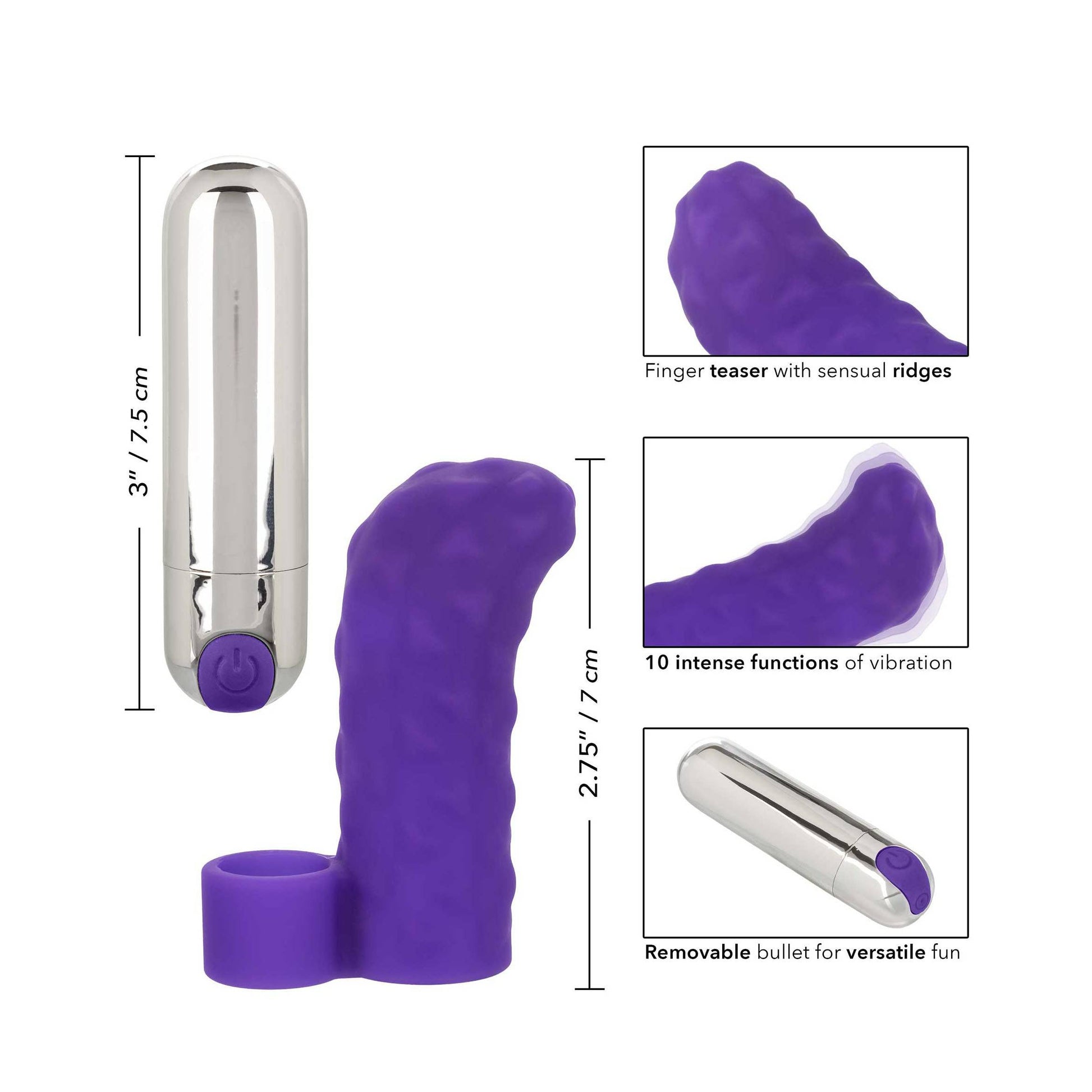 California Exotic Intimate Play Lila rechargeable finger teaser in vibrant purple with ergonomic design and textured surface.
