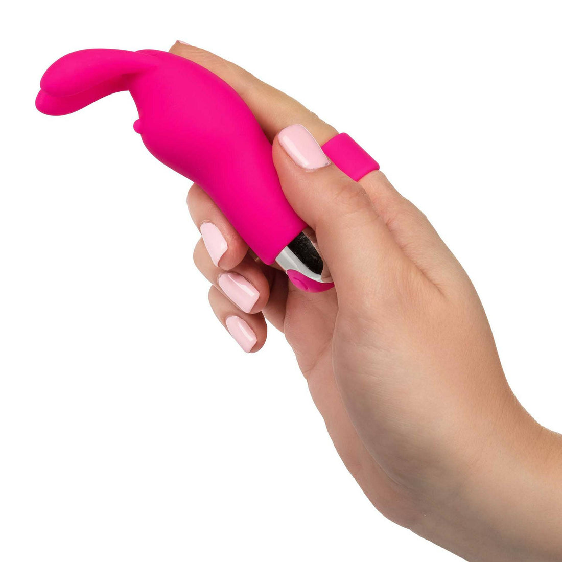 California Exotic Intimate Play Rosa rechargeable bunny finger vibrator in pink with ergonomic design and soft touch surface.