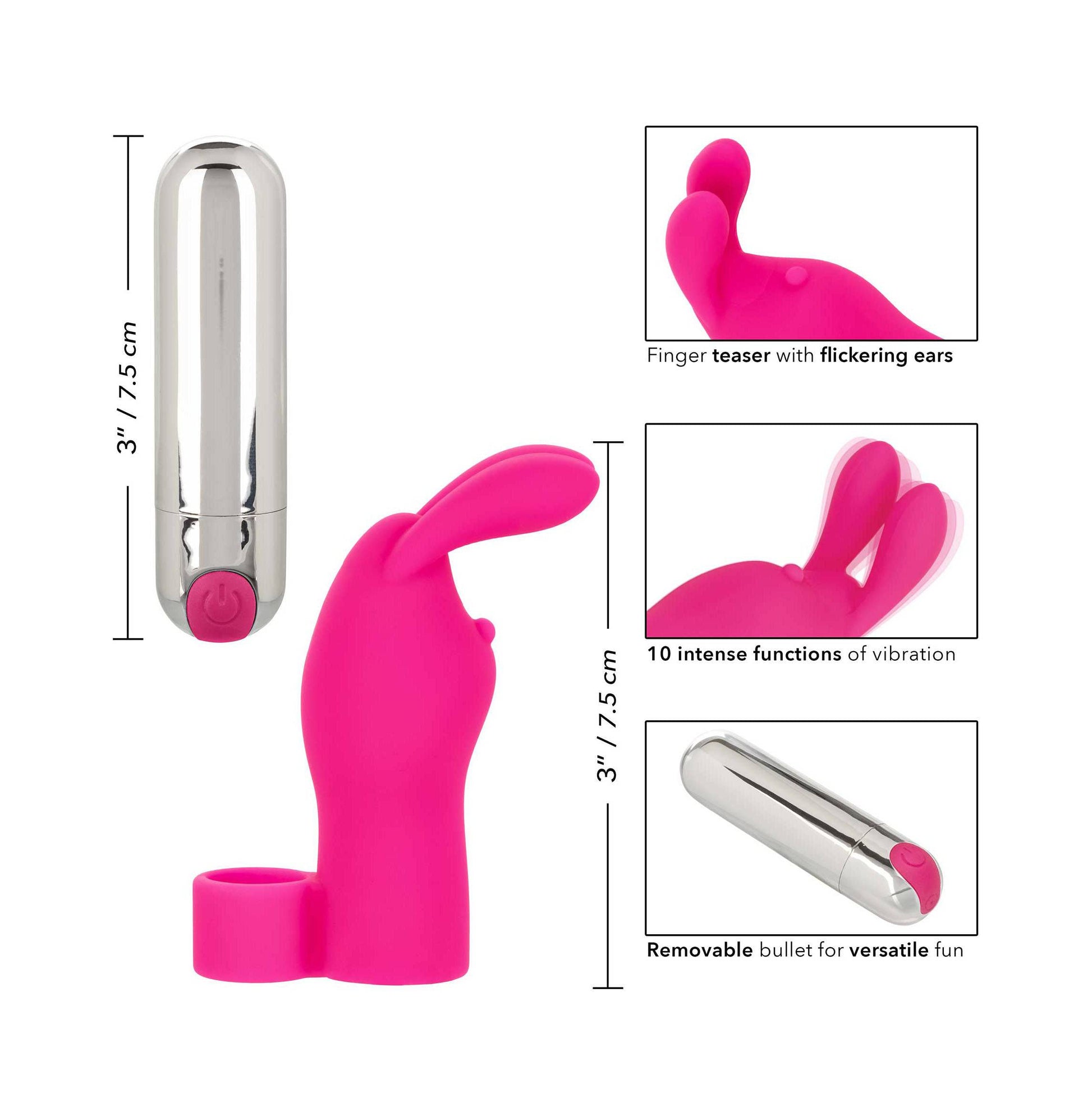 California Exotic Rosa rechargeable bunny finger vibrator in soft pink with curved design and textured rabbit ears.