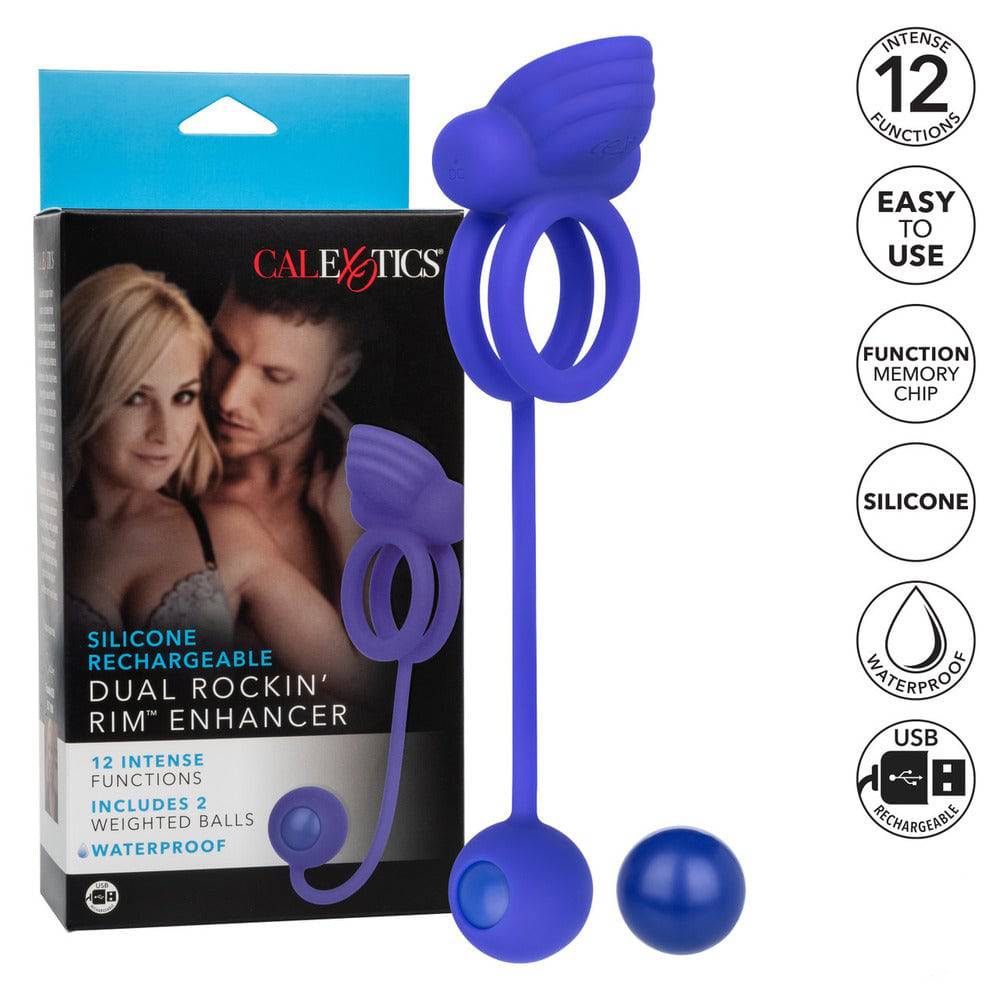California Exotic Uppladdningsbar Dual Rockin Rim Enhancer Cock Ring, featuring a sleek design and textured surface.