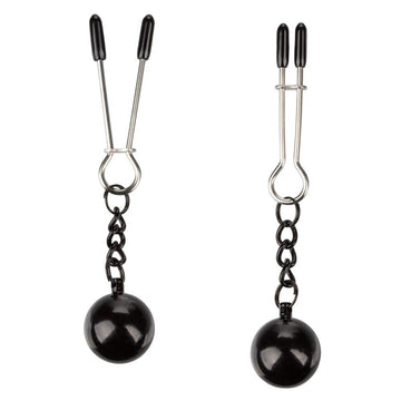 California Exotic weighted nipple clamps with adjustable grip, showcasing sleek design and durable materials.
