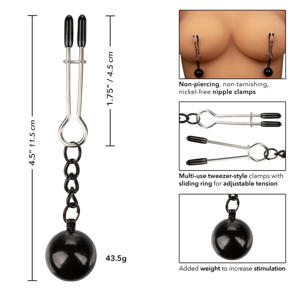 California Exotic weighted nipple clamps with adjustable grip, showcasing sleek design and durable materials.