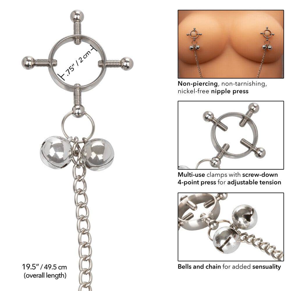 California Exotic nipple grips with four points and bells, designed for playful stimulation and secure fit.