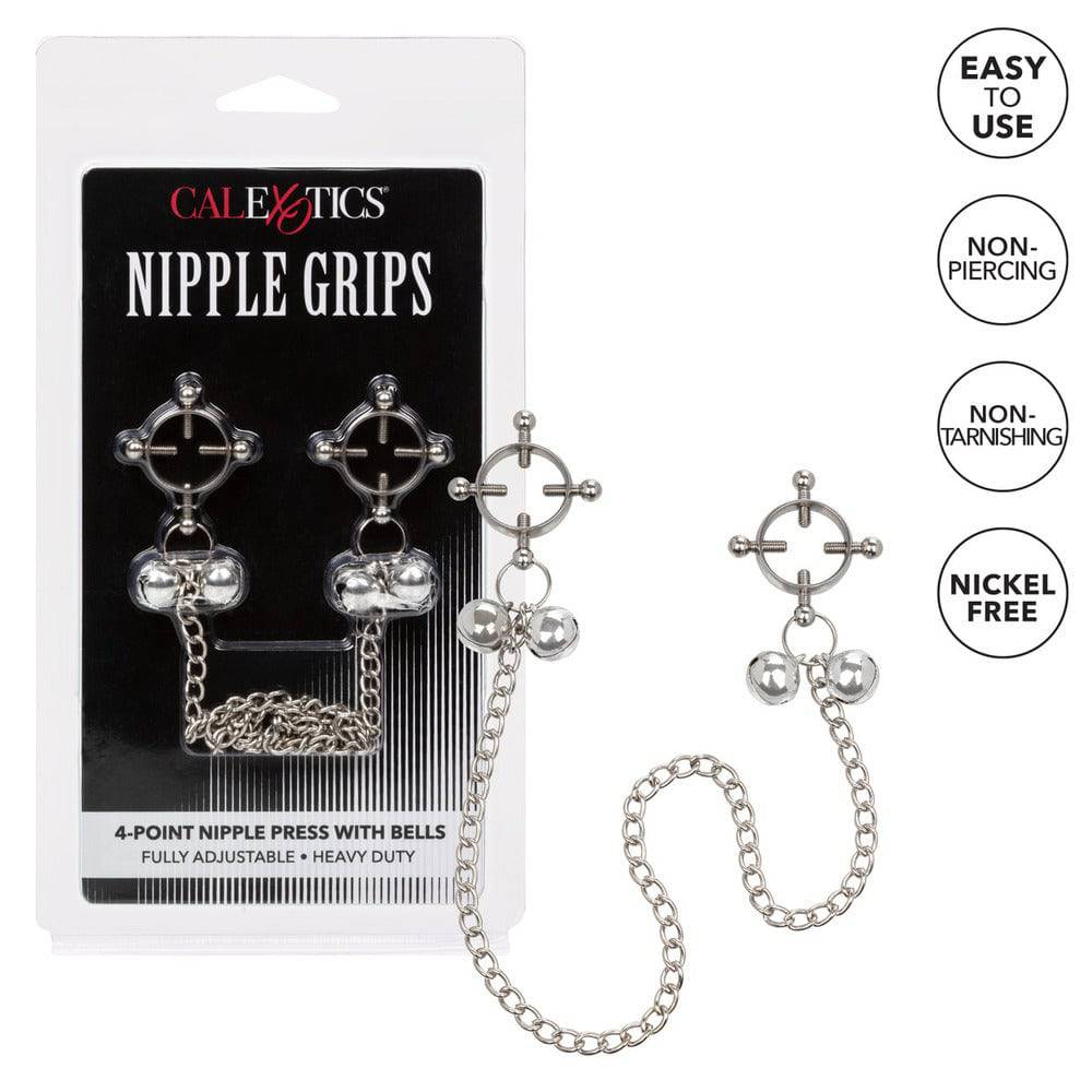California Exotic 4-point nipple grips with bells, featuring adjustable clamps and sleek design for enhanced stimulation.