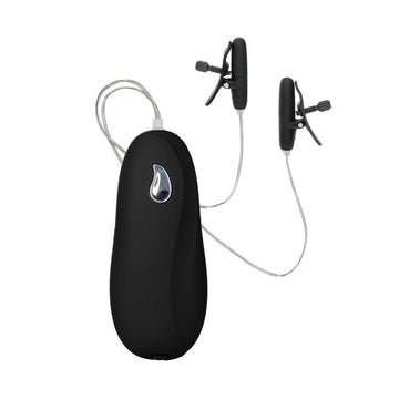 California Exotic black heated vibrating nipple teasers with adjustable straps and sleek design.