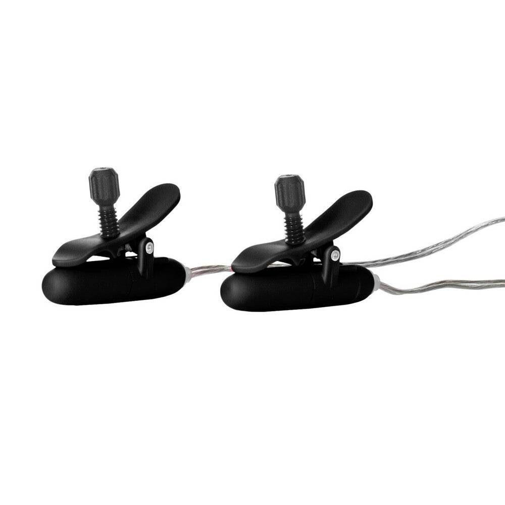 California Exotic black heated vibrating nipple teasers with adjustable straps and sleek design.