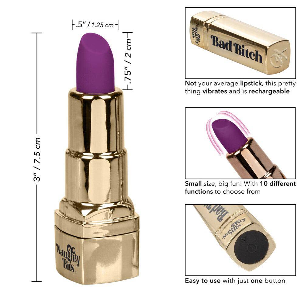California Exotic Naughty Bits Bad Bitch rechargeable lipstick vibrator in a sleek design with a vibrant color finish.