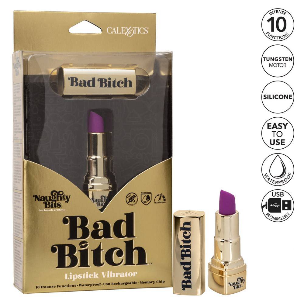 California Exotic Naughty Bits Bad Bitch rechargeable lipstick vibrator in sleek pink design.