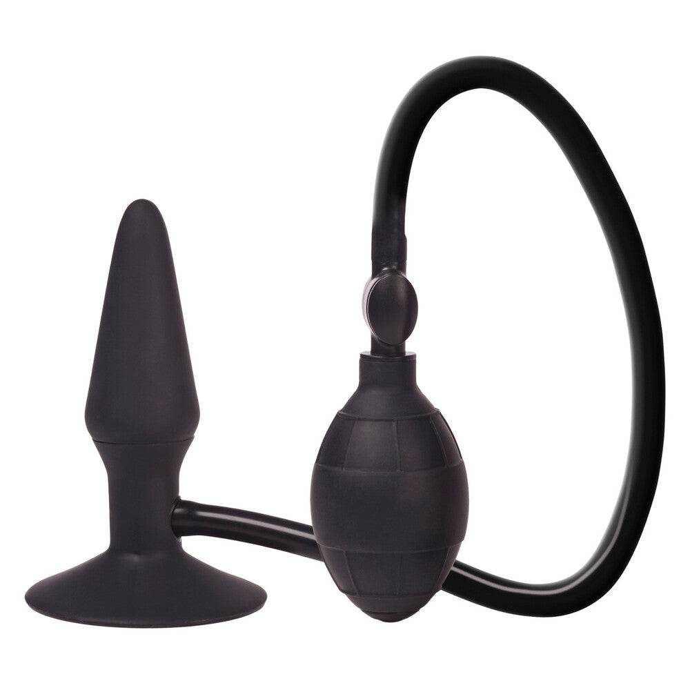 California Exotic COLT Medium Pumper inflatable anal plug in black, showcasing its tapered design and flexible material.