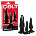 California Exotic COLT Anal Trainer Kit featuring three silicone butt plugs in varying sizes and colors.