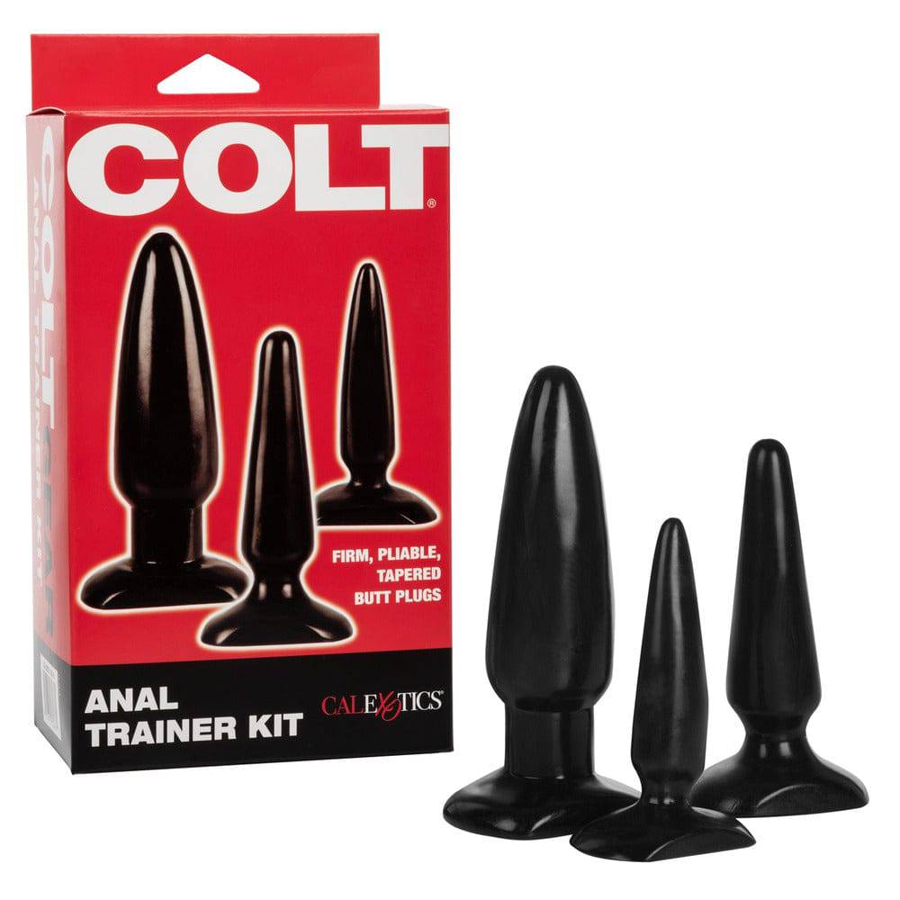 California Exotic COLT Anal Trainer Kit featuring three silicone butt plugs in varying sizes and colors.